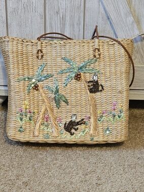 Vintage CAPPELLI Straworld Inc. Tote Sequined Monkeys & Palm Trees, 2002